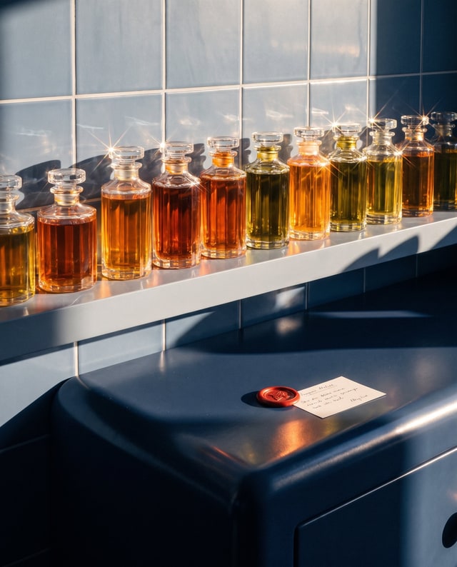 Amber perfume bottles on a blue cabinet, an image created with Muse