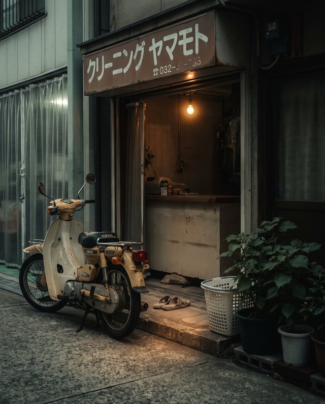 A cream scooter outside a Japanese storefront, created with Muse
